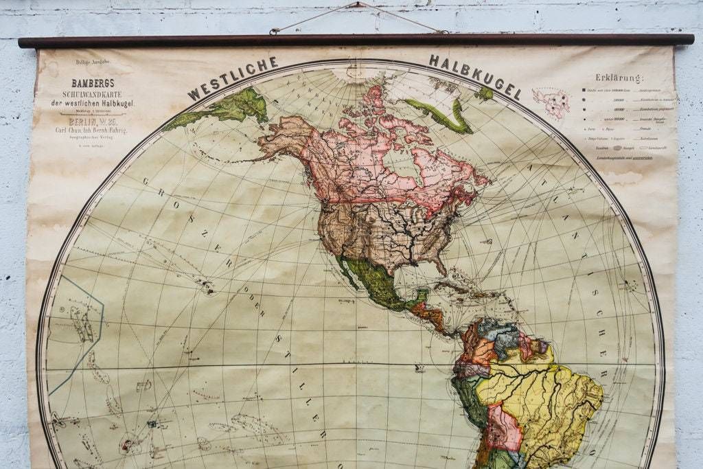 Original Early 1900s Huge Large Antique Old Vintage German Educational School Wall Chart Western Hemisphere Map Beautiful Bambergs photo furniture
