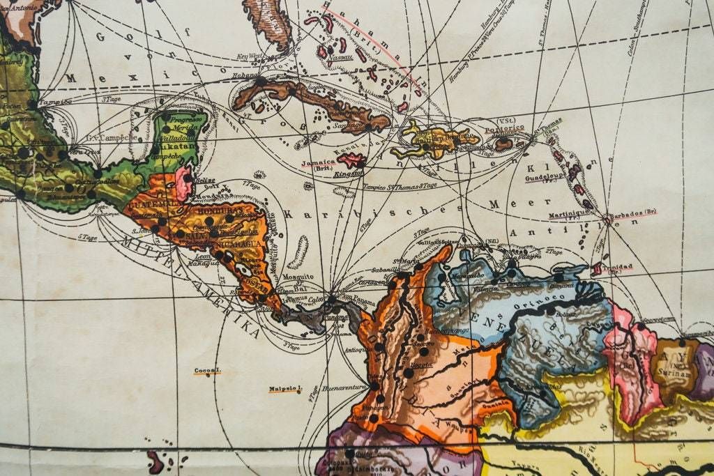 Original Early 1900s Huge Large Antique Old Vintage German Educational School Wall Chart Western Hemisphere Map Beautiful Bambergs photo 1031.0