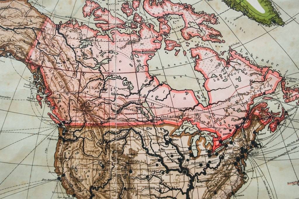 Original Early 1900s Huge Large Antique Old Vintage German Educational School Wall Chart Western Hemisphere Map Beautiful Bambergs photo vinterior
