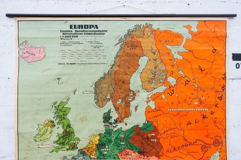 Original Huge Large Vintage Mid Century German Educational School Wall Chart Europe European Continent DR Jensen Map Beautiful photo furniture