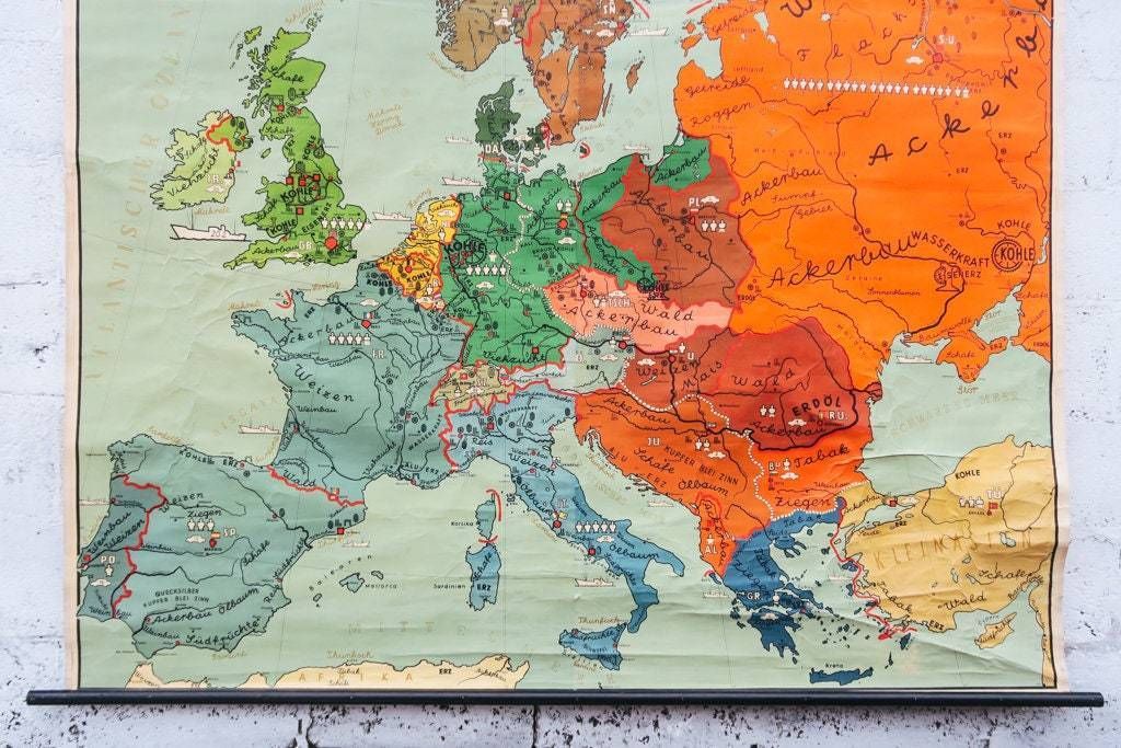 Original Huge Large Vintage Mid Century German Educational School Wall Chart Europe European Continent DR Jensen Map Beautiful photo for sale