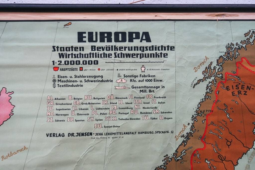 Original Huge Large Vintage Mid Century German Educational School Wall Chart Europe European Continent DR Jensen Map Beautiful photo buy