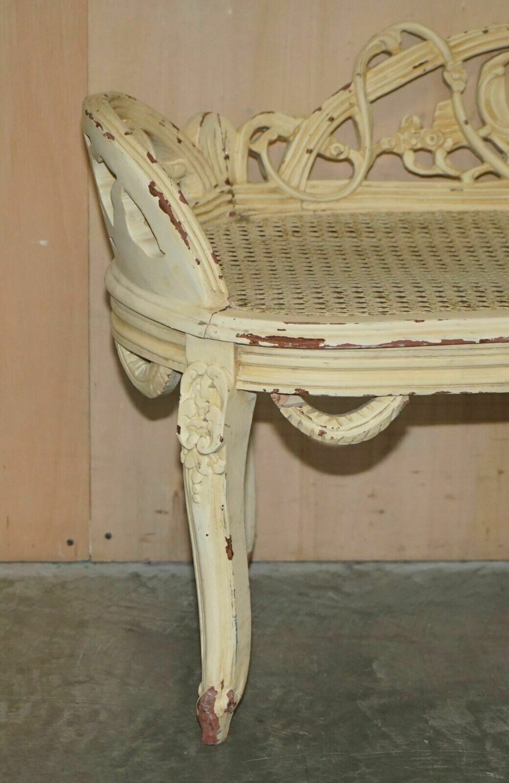 Antique French Shabby Chic Bergere Window Seat Bench Original Paint Finish photo for sale