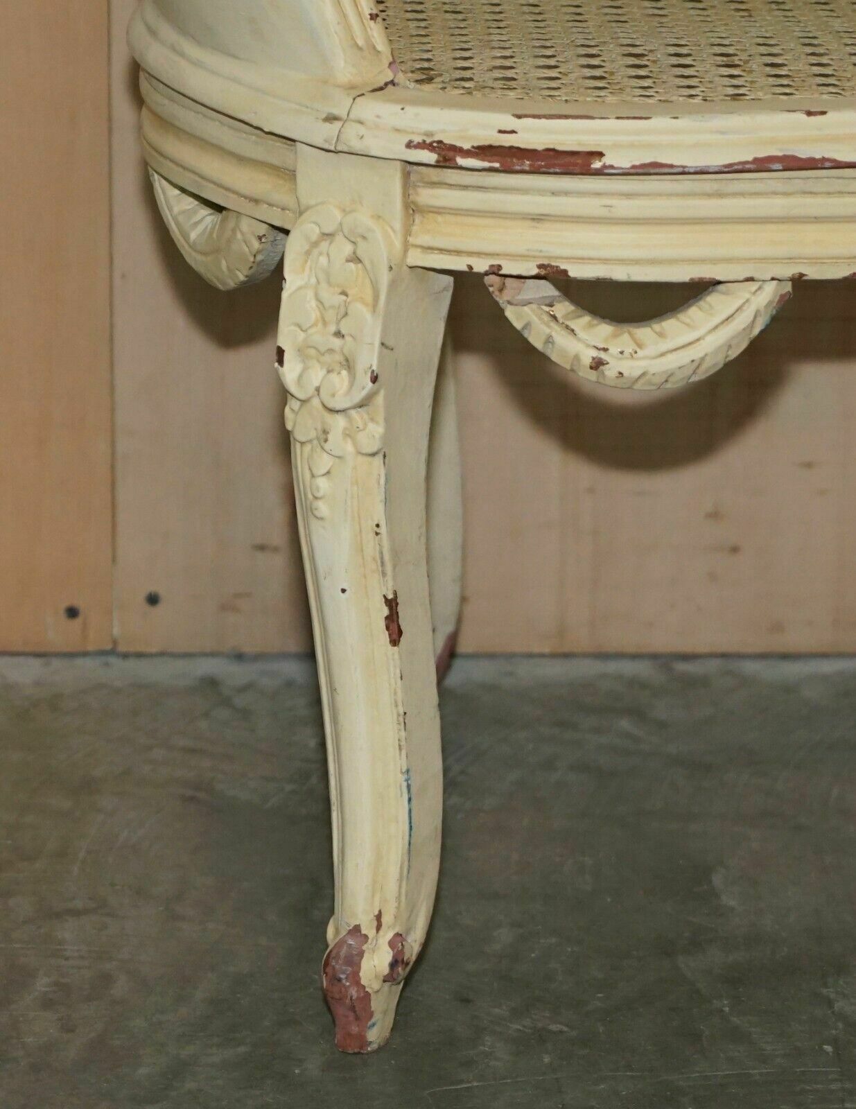 Antique French Shabby Chic Bergere Window Seat Bench Original Paint Finish photo 1950.0
