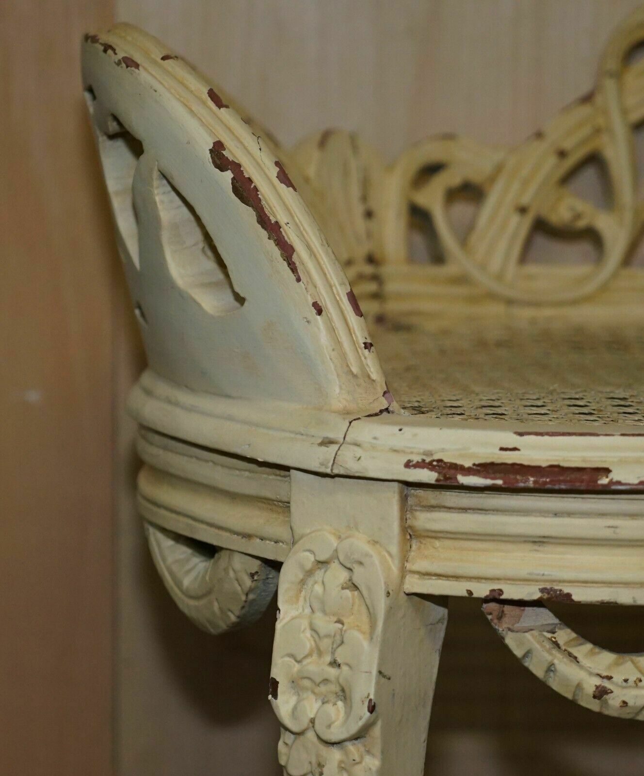 Antique French Shabby Chic Bergere Window Seat Bench Original Paint Finish photo vinterior