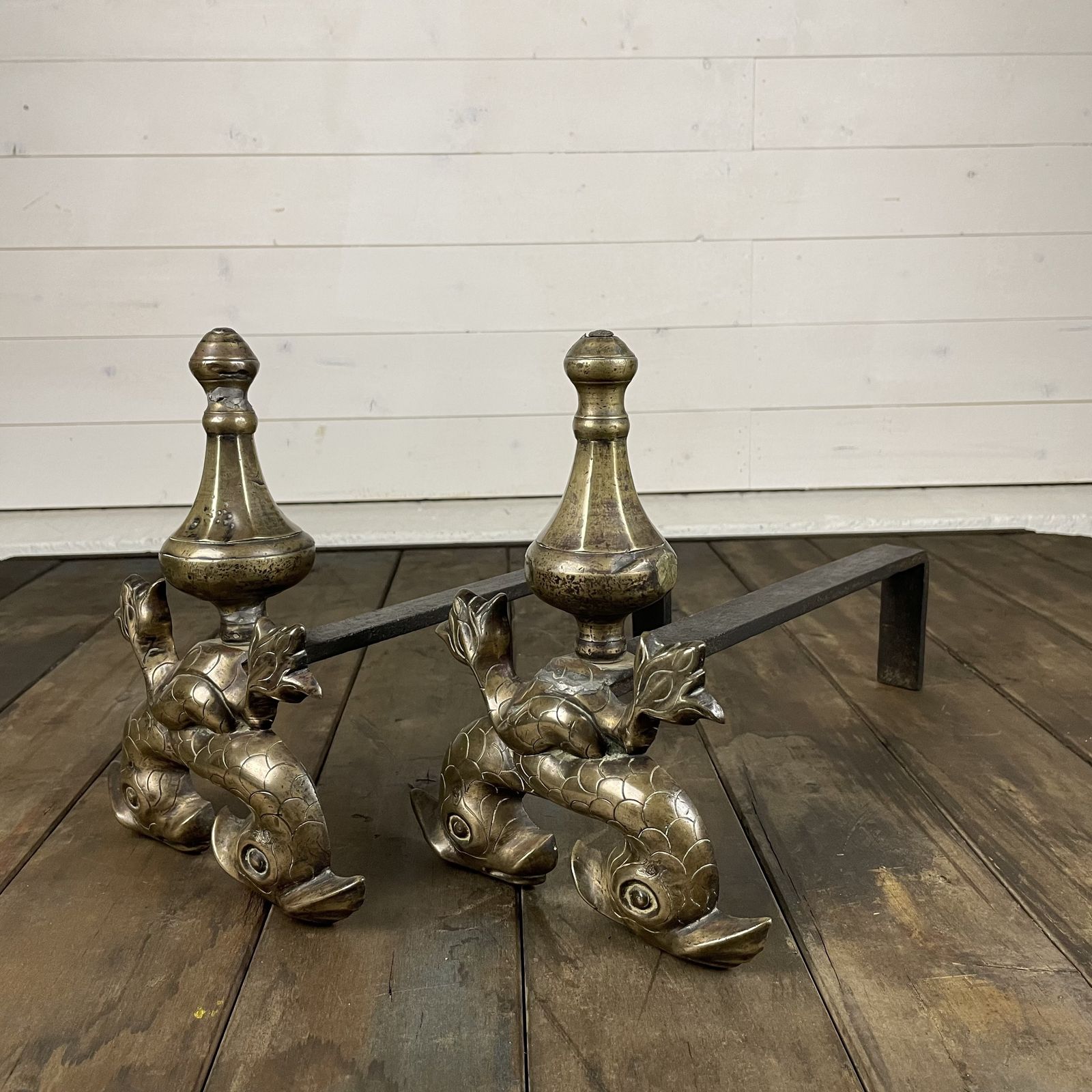 Antique Brass And Iron Mythical Fish Design Fire Dogs photo 240.0