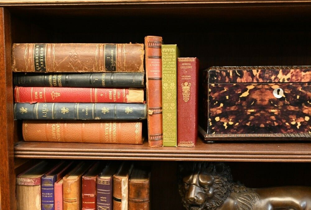 Mahogany Bookcase   Double English Sheraton Inlay Open Fron photo vintage