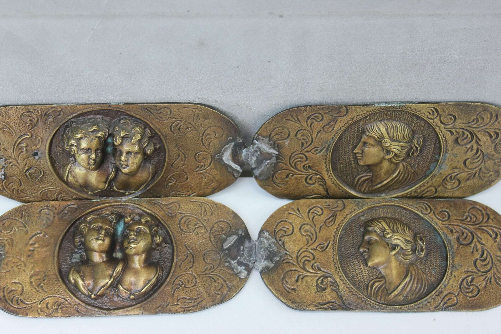 Italian Salvage Rare Relief Metal Plaque, 4 Cooper Bar Reliefs Wall Art Panels Funeral Wall Tile