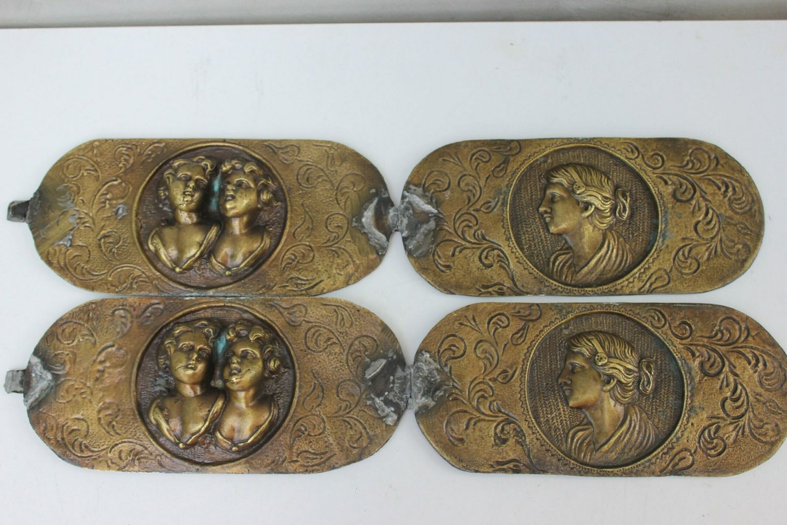 Italian Salvage Rare Relief Metal Plaque, 4 Cooper Bar Reliefs Wall Art Panels Funeral Wall Tile photo for sale