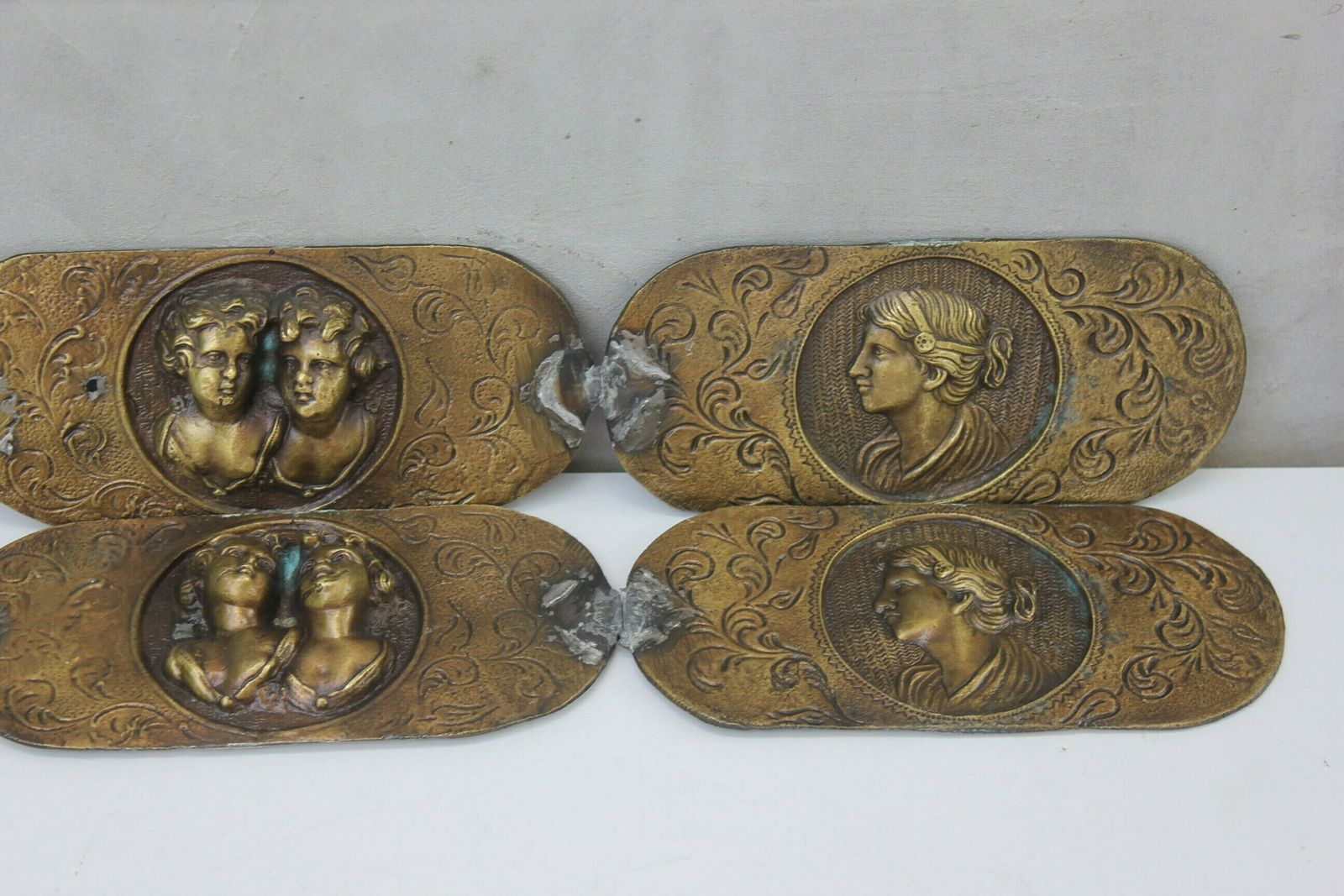 Italian Salvage Rare Relief Metal Plaque, 4 Cooper Bar Reliefs Wall Art Panels Funeral Wall Tile photo Art
