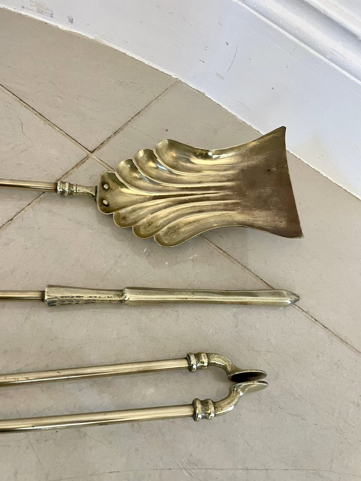 Antique Quality Set Of 3 Brass Fire Irons photo Home Fixtures