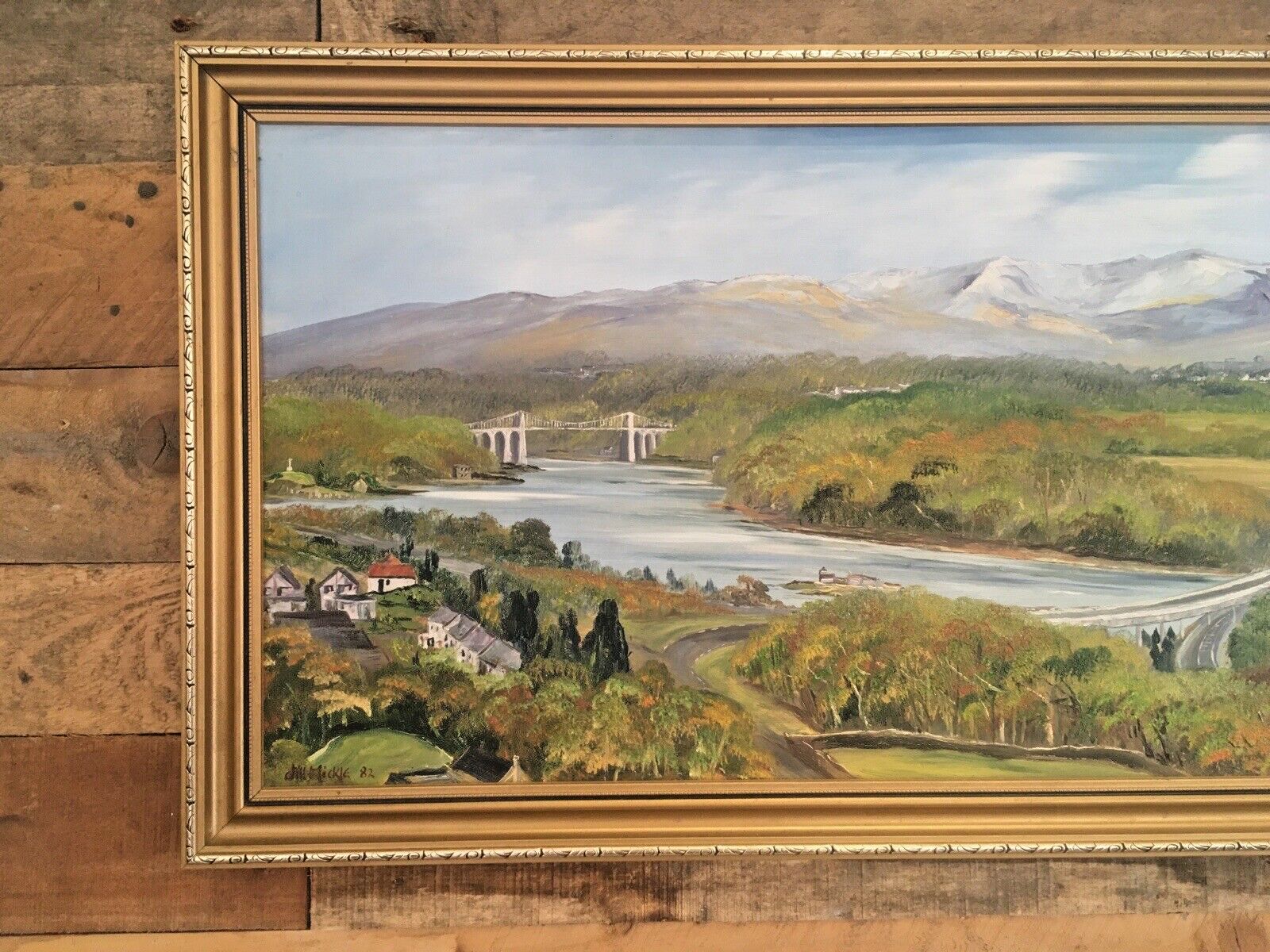 Huge Jill Mickle Framed Painting Menai Britannia Bridge Anglesey Nelsons Statue photo for sale