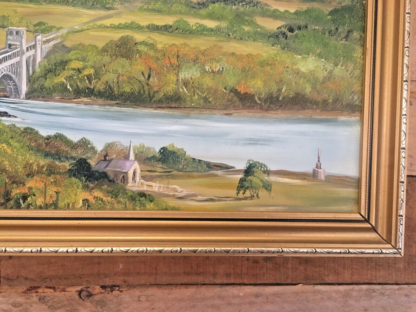 Huge Jill Mickle Framed Painting Menai Britannia Bridge Anglesey Nelsons Statue photo 275.0
