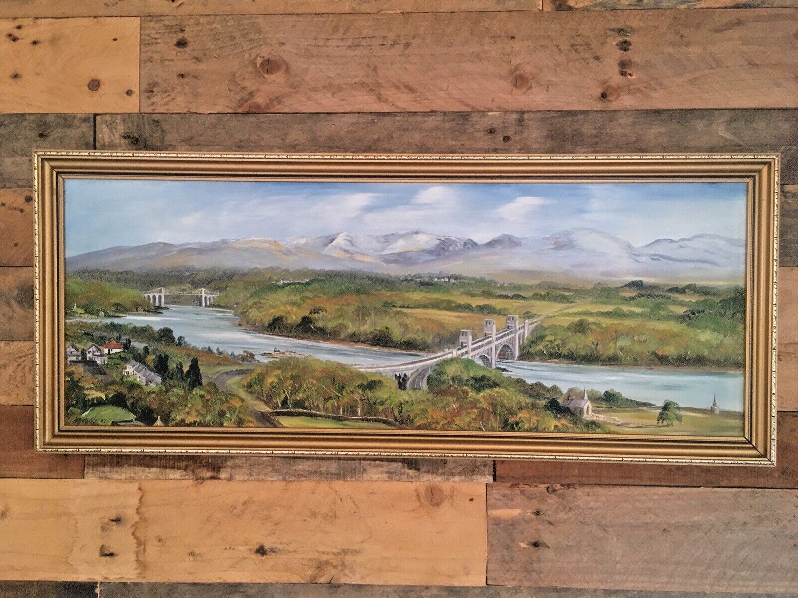 Art Huge Jill Mickle Framed Painting Menai Britannia Bridge Anglesey Nelsons Statue photo