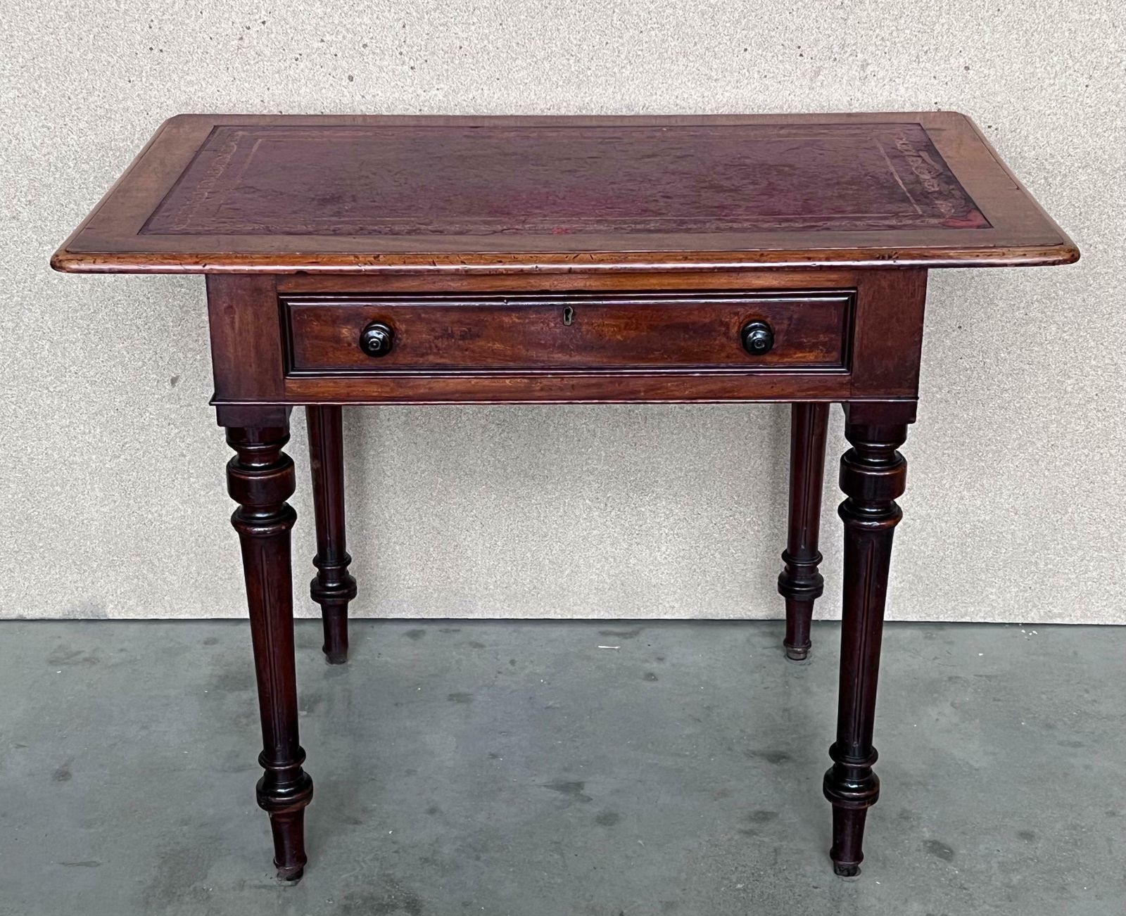 Spanish Country Pine Side Table With Two Sides Drawer And Leather Top photo Furniture