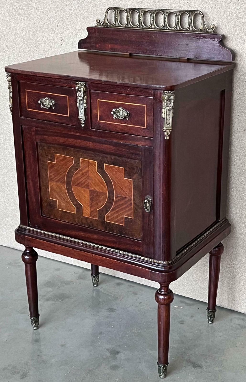 Pair Of Italian Marquetry Nightstands With Bronze Crest, Drawers And Doors photo 3361.0