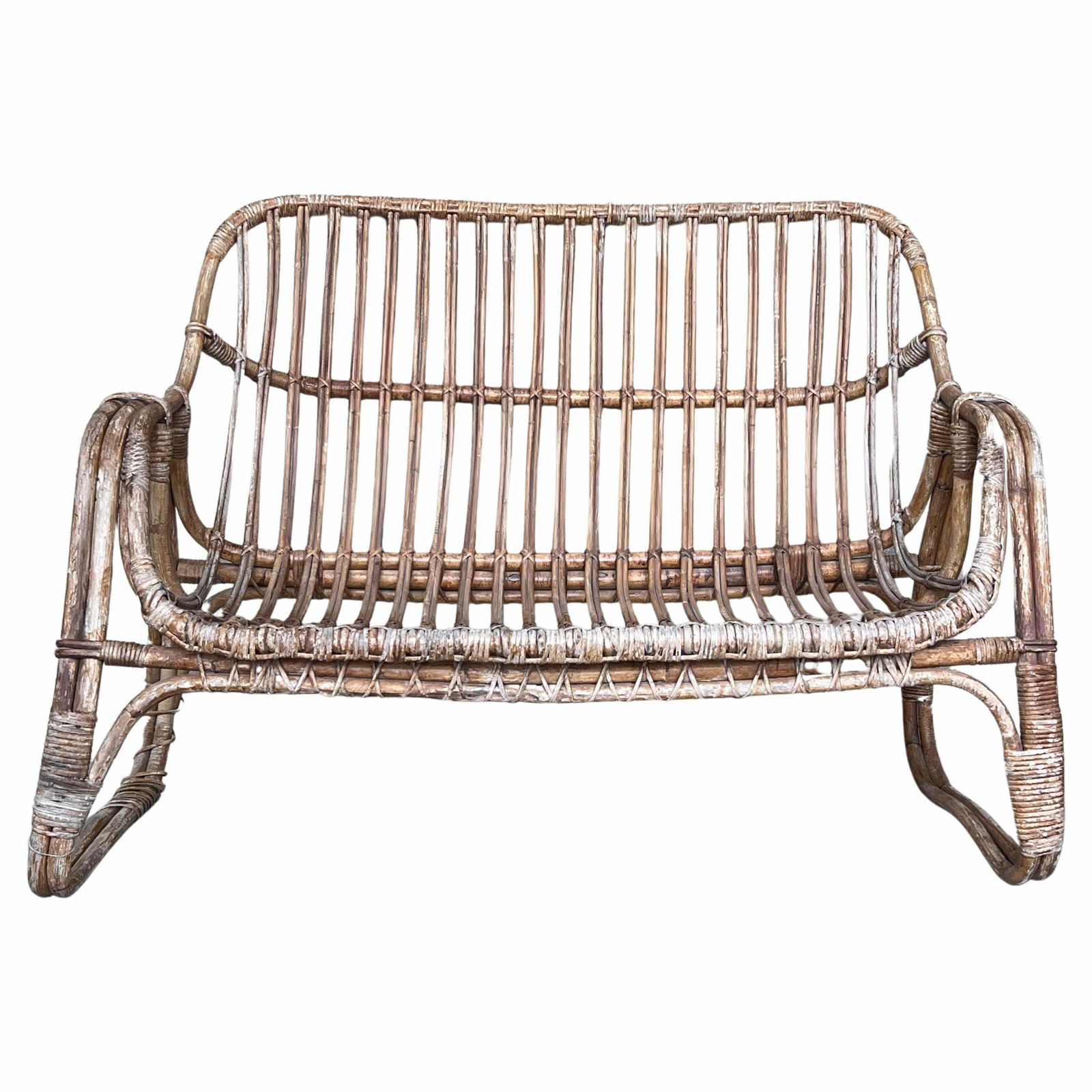 Canapé deux places vintage mid-century modern en rotin et bambou, années 1960