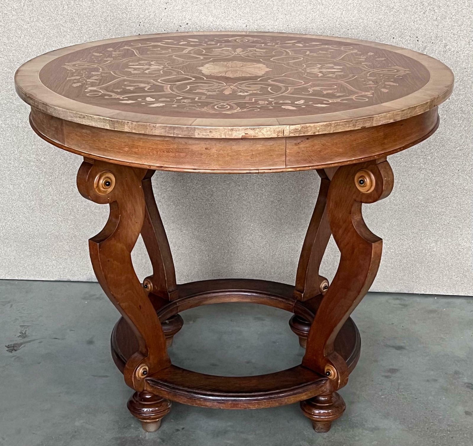 20th French Marquetry Round Center Table With Four Cabriole Legs '2 Available' photo for sale