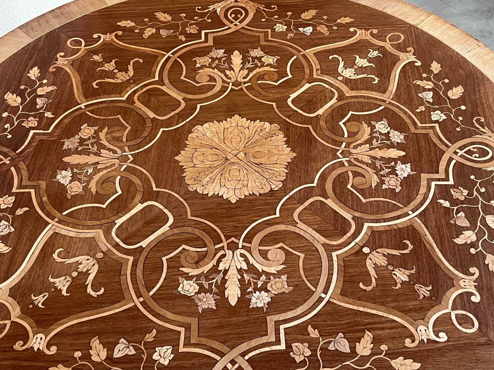 20th French Marquetry Round Center Table With Four Cabriole Legs '2 Available' photo vinterior