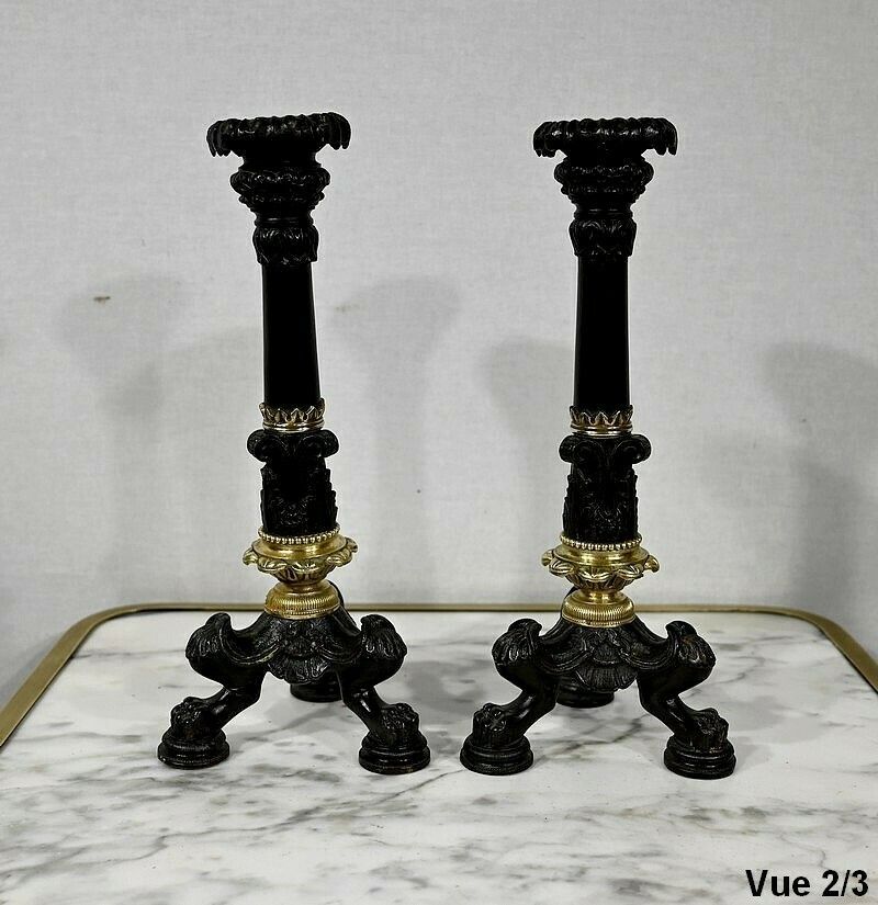 photo for sale Pair Of Bronze Candlesticks, Restoration Period, Early 19th Century