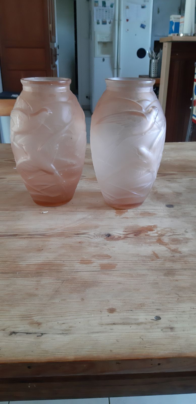 Pair Of Art Deco Salmon Glass Vases Signed Ns
