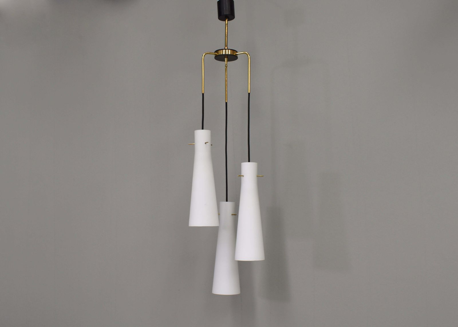 Stilnovo Chandelier With Opaline Glass Shades And Brass – Italy, Circa 1950 photo Lighting