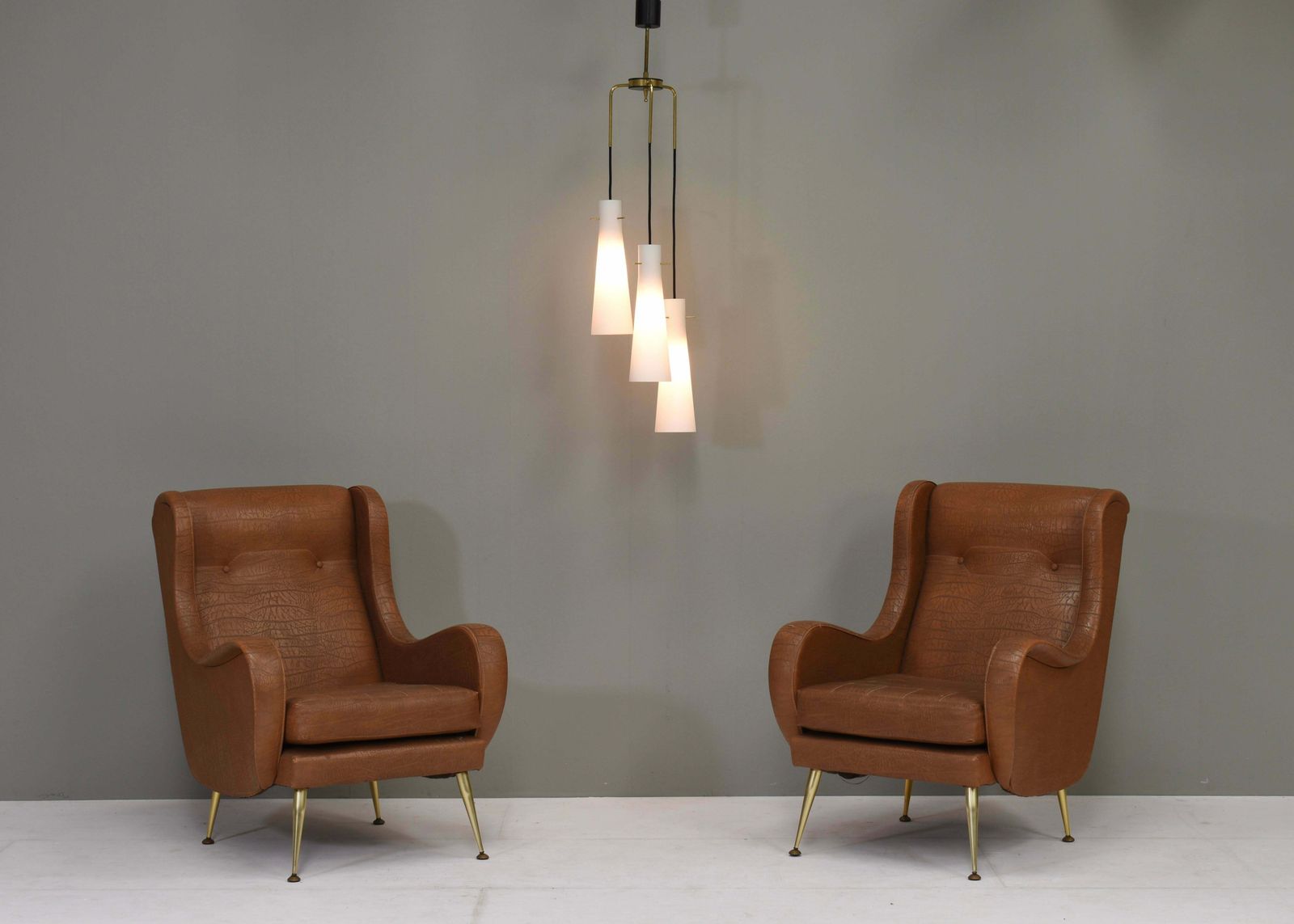 Lighting Stilnovo Chandelier With Opaline Glass Shades And Brass – Italy, Circa 1950 photo