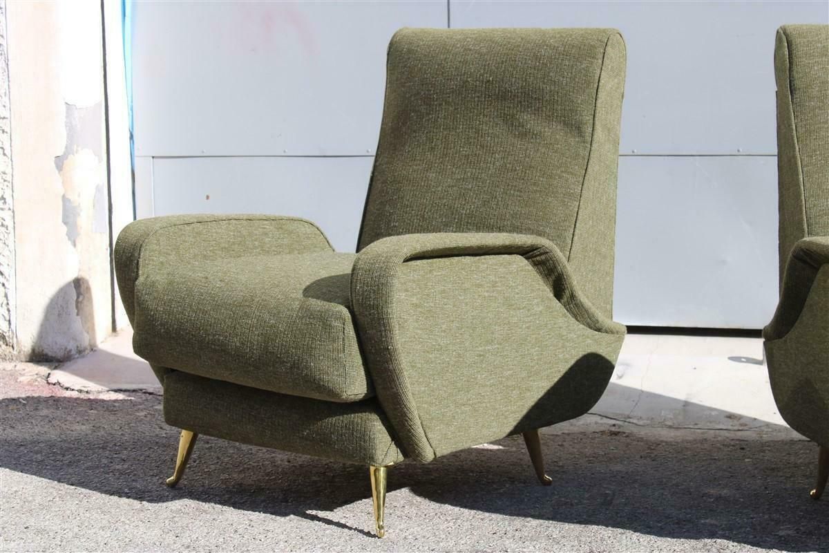 Mid Century Pair Armchairs Isa Bergamo 1950s Green Fabric Brass Feet photo Furniture