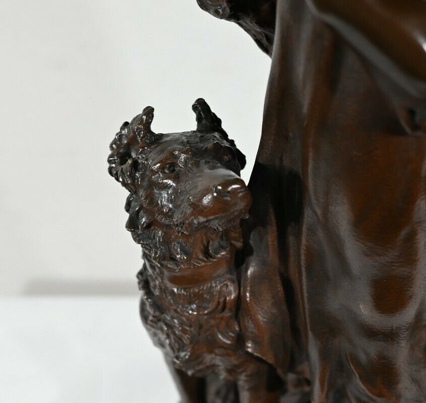 photo vinterior Bronze "The Young Woman With A Dog", Signed El.Truffot   2nd Half Of The 19th Century