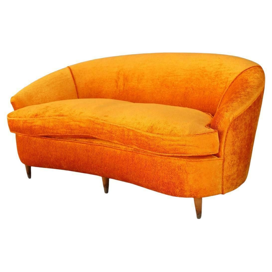 Mid Century Orange Velvet Curved Sofa Made In Italy 1950s Wood Feet