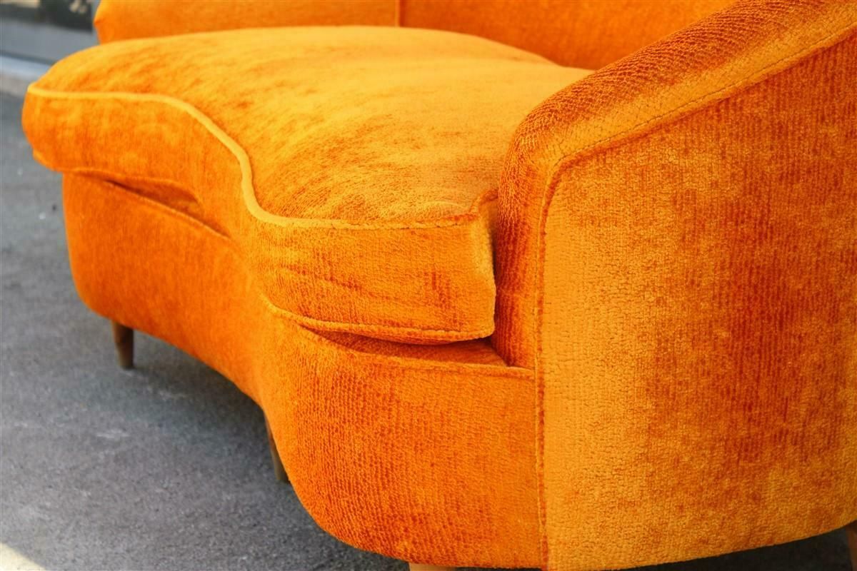 Mid Century Orange Velvet Curved Sofa Made In Italy 1950s Wood Feet photo for sale