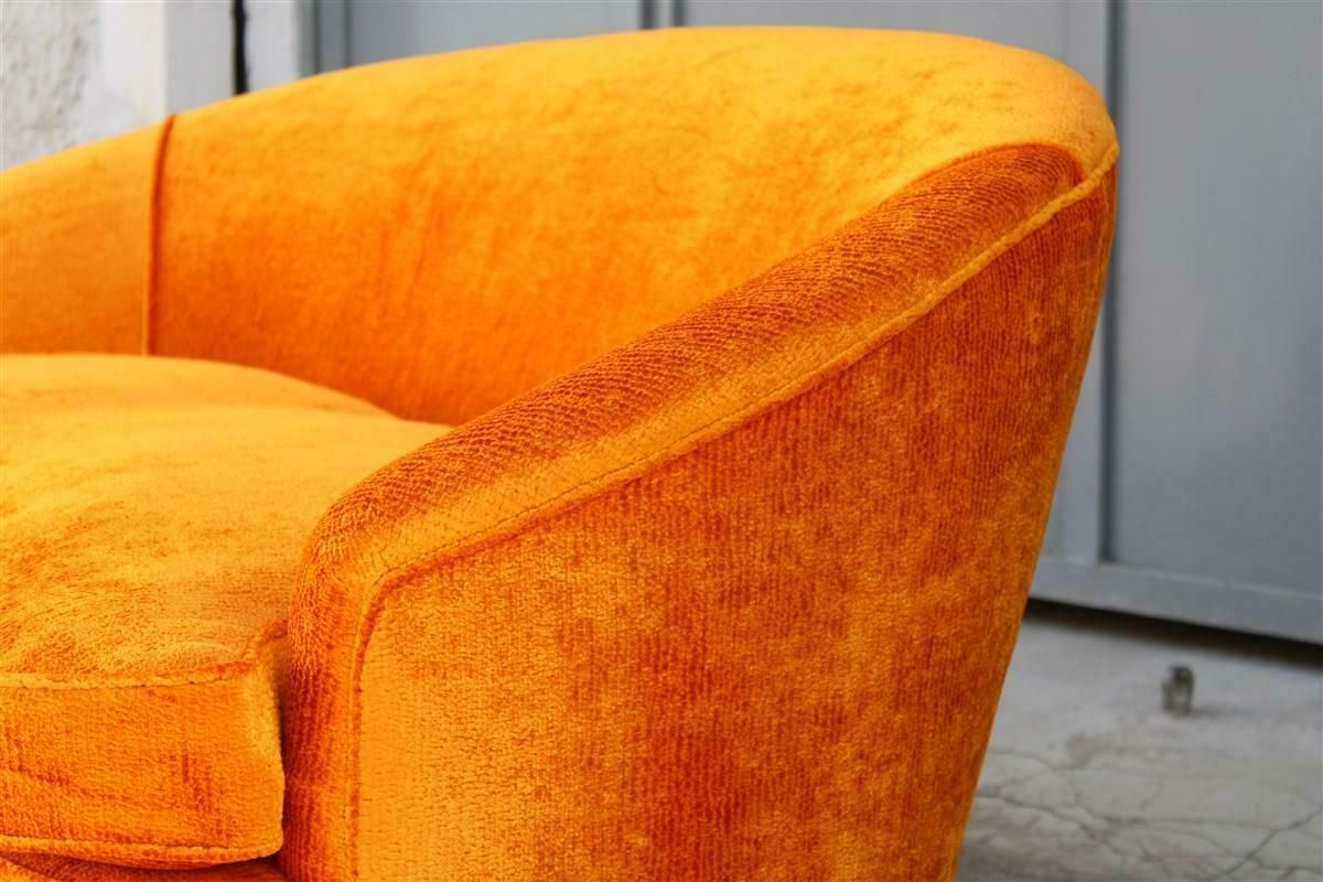 Mid Century Orange Velvet Curved Sofa Made In Italy 1950s Wood Feet photo Furniture