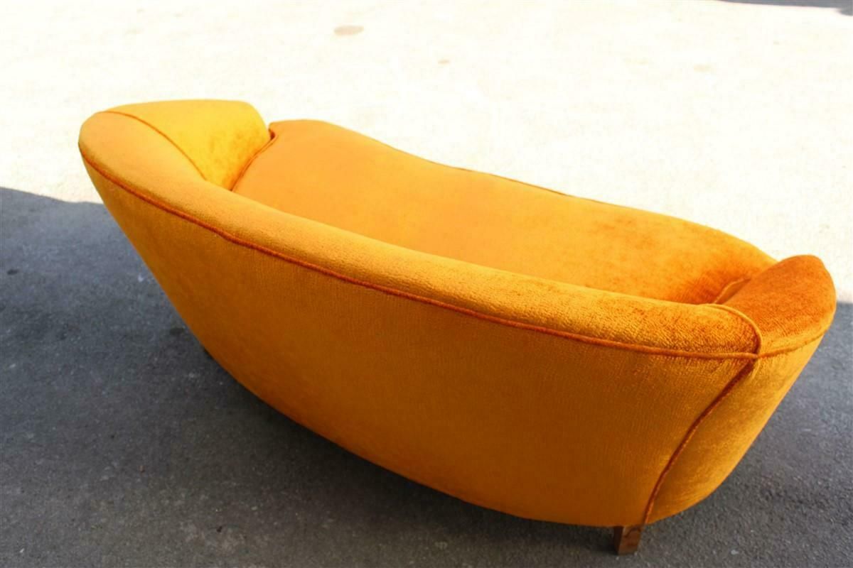 Mid Century Orange Velvet Curved Sofa Made In Italy 1950s Wood Feet photo vinterior
