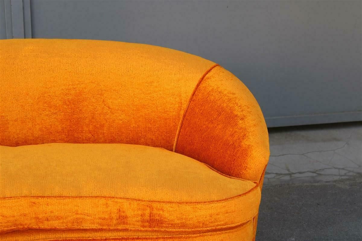 Mid Century Orange Velvet Curved Sofa Made In Italy 1950s Wood Feet photo vintage