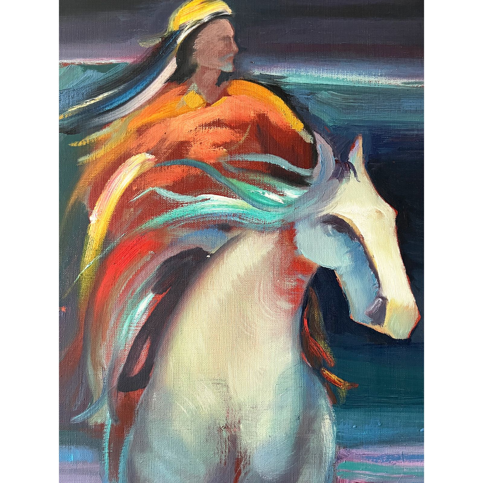 Horse And Rider Colourful Oil On Canvas Painting By Wajih Nahle photo for sale