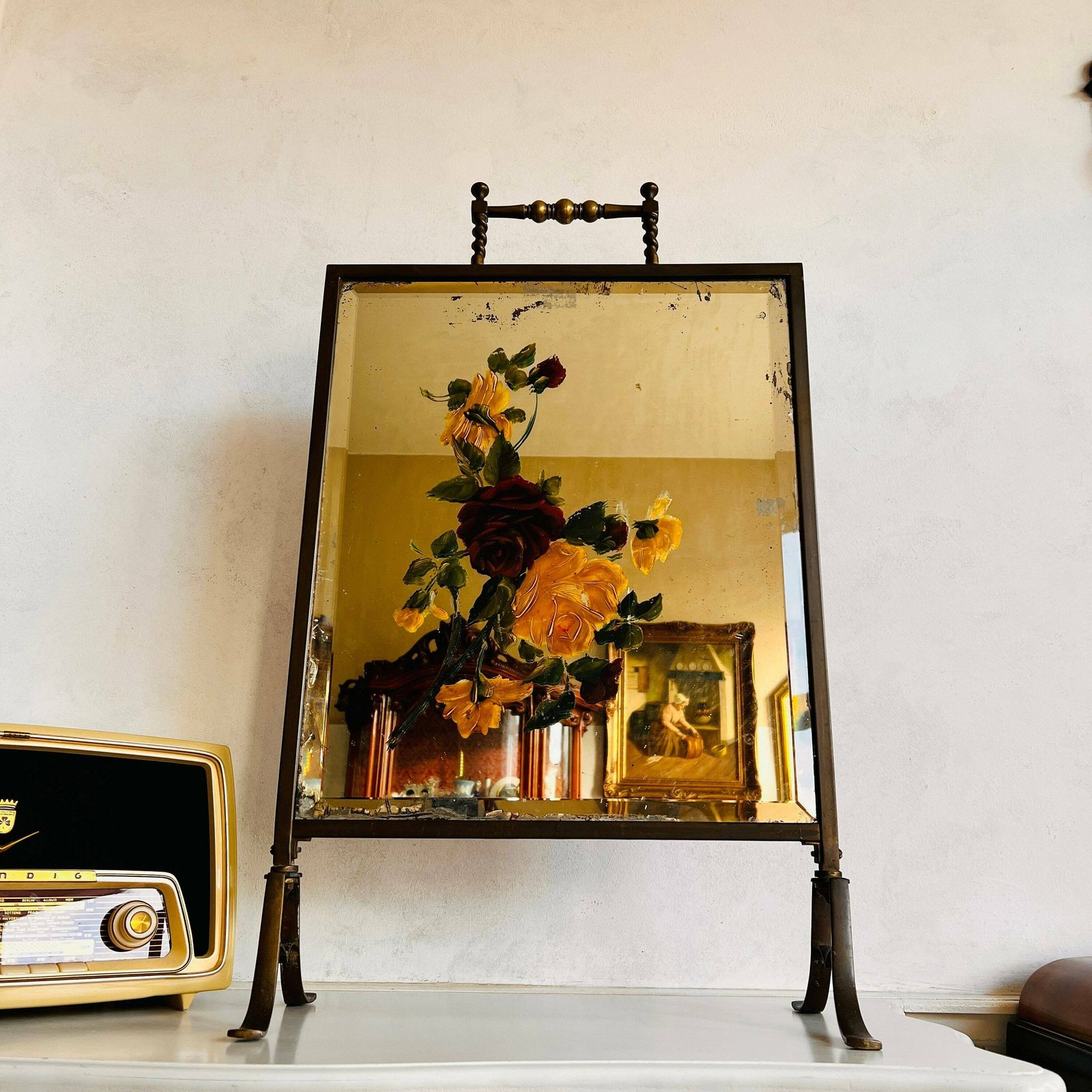 Victorian Brass Mirrored Hand Painted Flowers, Bevelled Mirror, Art Nouveau Fireplace Screen photo for sale