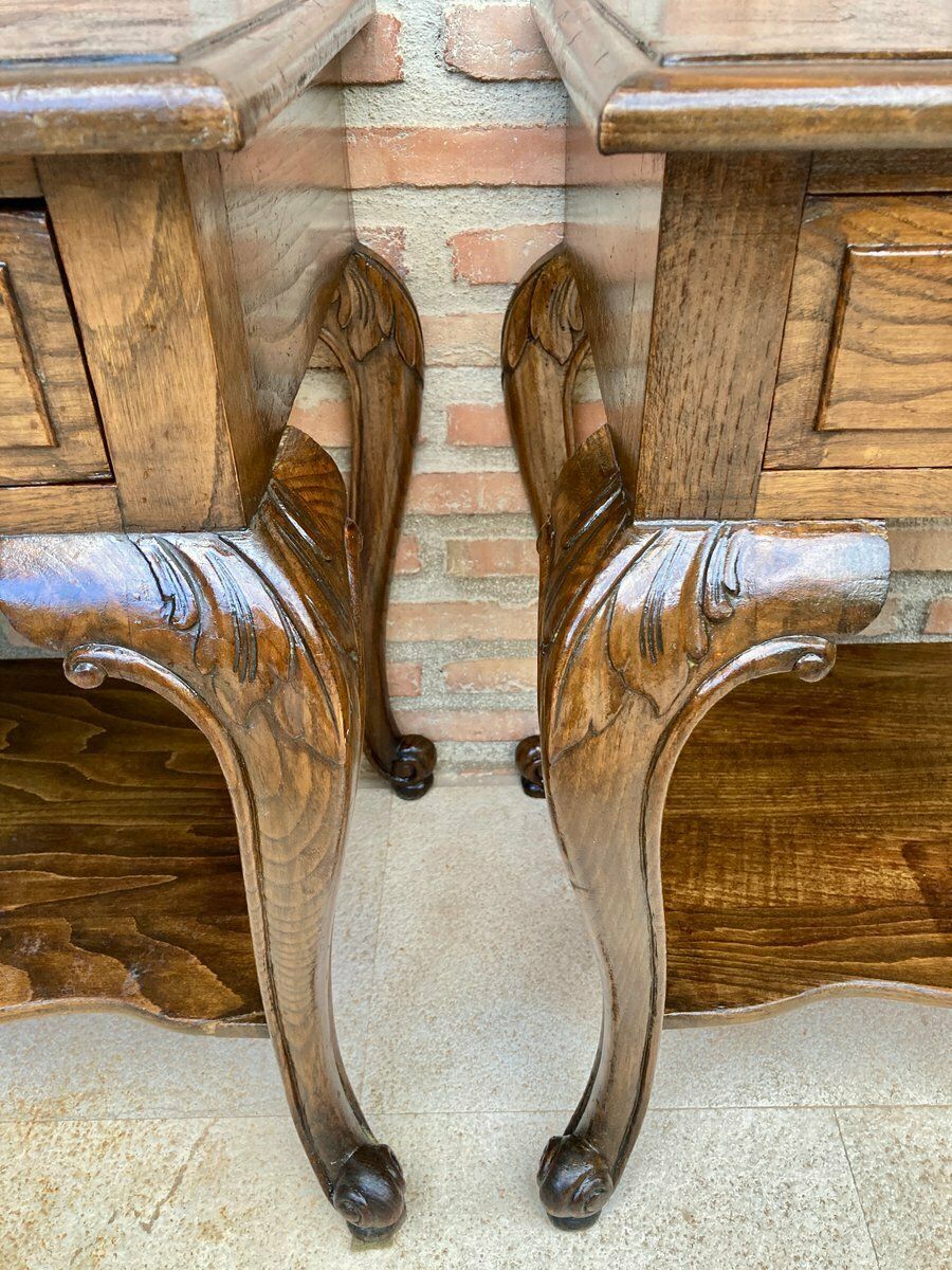 French Louis XV Style Walnut Bedside Tables With Drawer And Open Shelf, 1930s, Set Of 2 photo for sale