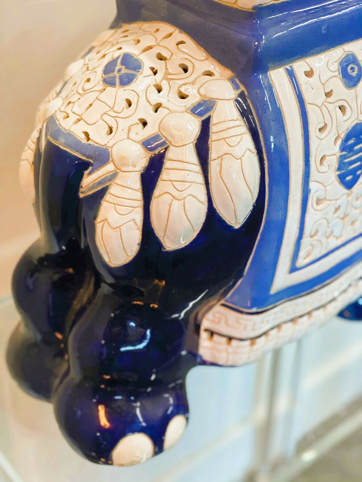 photo furniture Chinoiserie Ceramic Lucky Elephant Plant Stand In Blue And Cream.