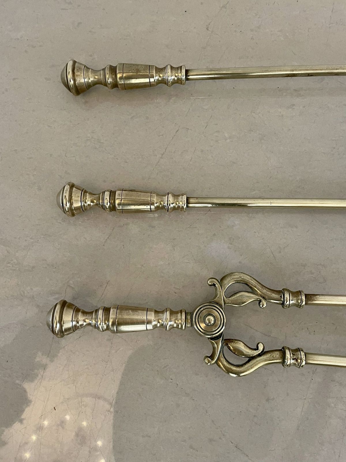 Antique Quality Brass Set Of 3 Fire Irons photo for sale