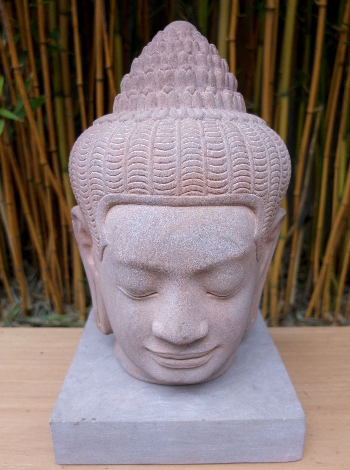 A Large Hand Carved  Stone Khmer Style Head Of Buddha photo furniture