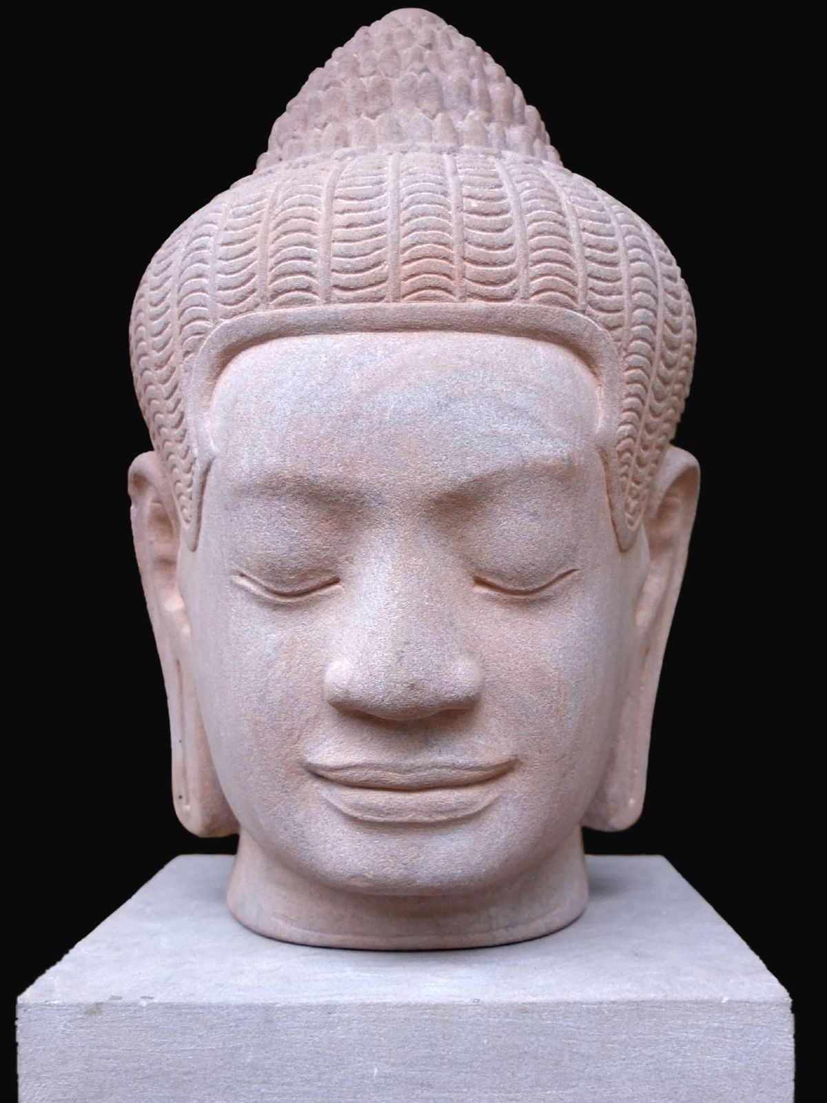 A Large Hand Carved  Stone Khmer Style Head Of Buddha