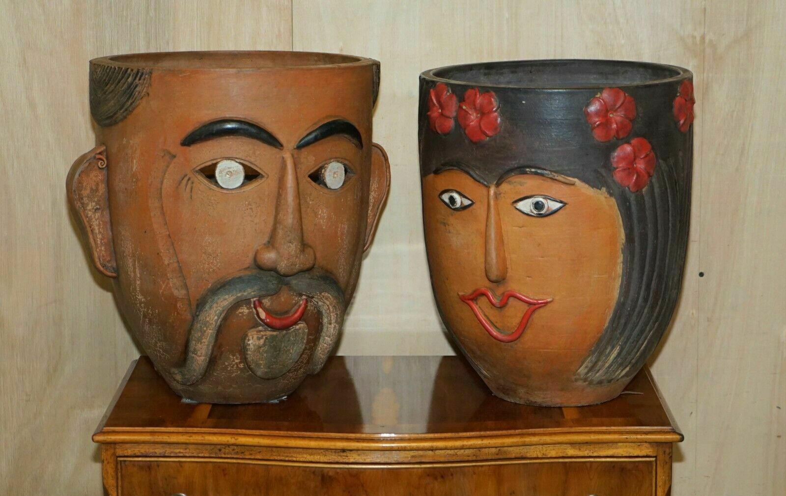 Pair Of 1960's Vintage Mexican Folk Art Terracotta Head Face Planter Plant Pots photo furniture