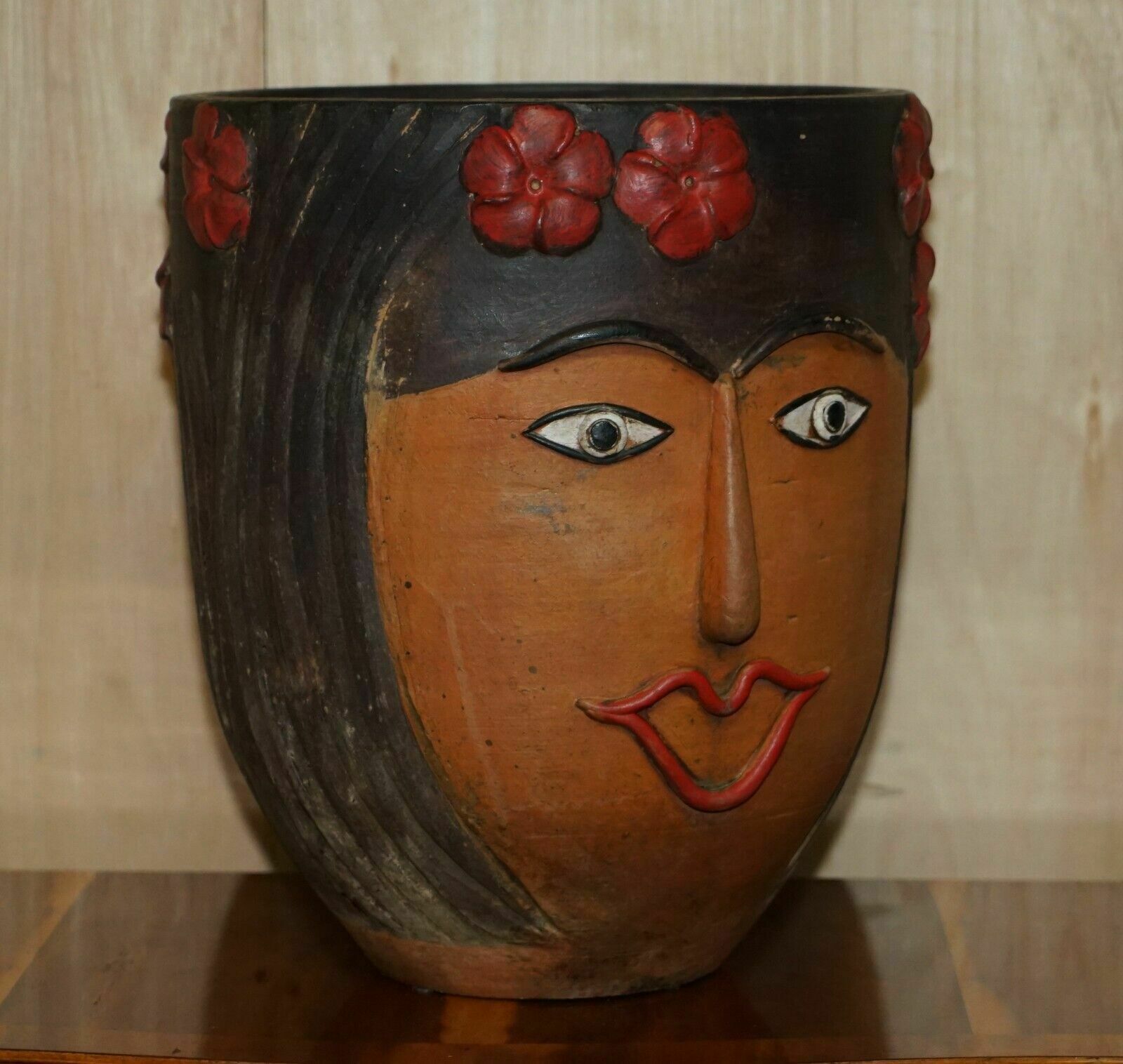 photo buy Pair Of 1960's Vintage Mexican Folk Art Terracotta Head Face Planter Plant Pots