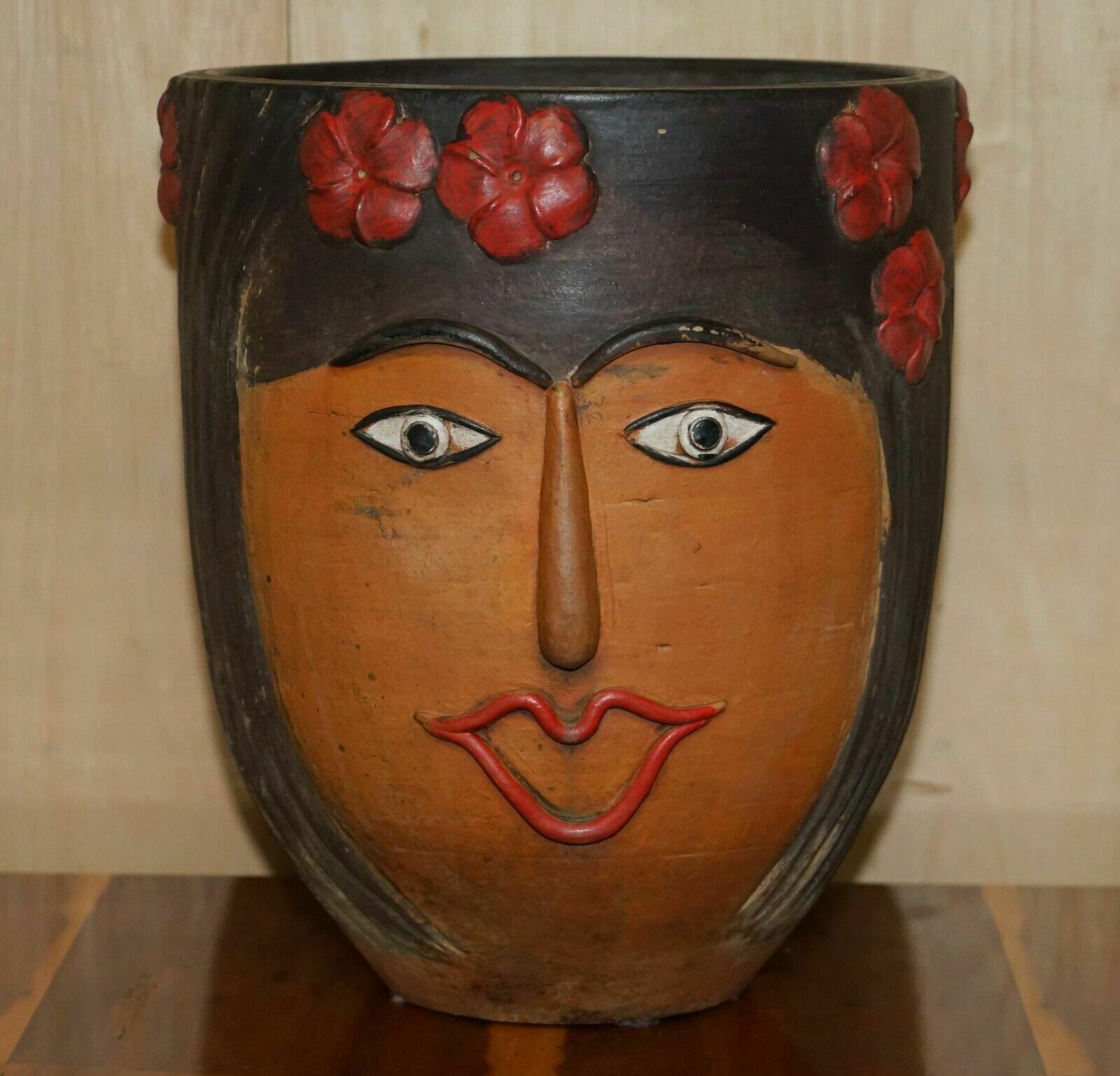 photo vintage Pair Of 1960's Vintage Mexican Folk Art Terracotta Head Face Planter Plant Pots
