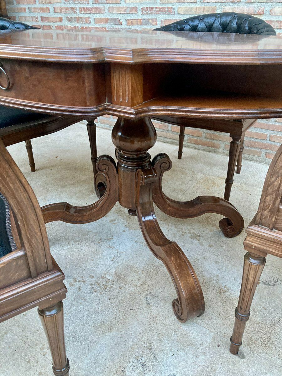 Dining Table With Armchairs In Leather And Walnut, 1950s, Set Of 5 photo for sale