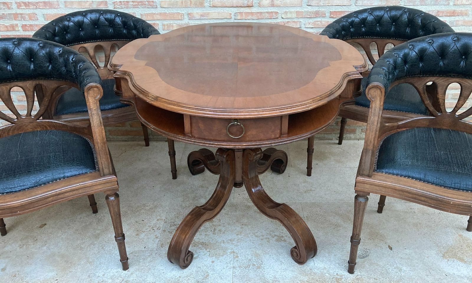 photo vinterior Dining Table With Armchairs In Leather And Walnut, 1950s, Set Of 5