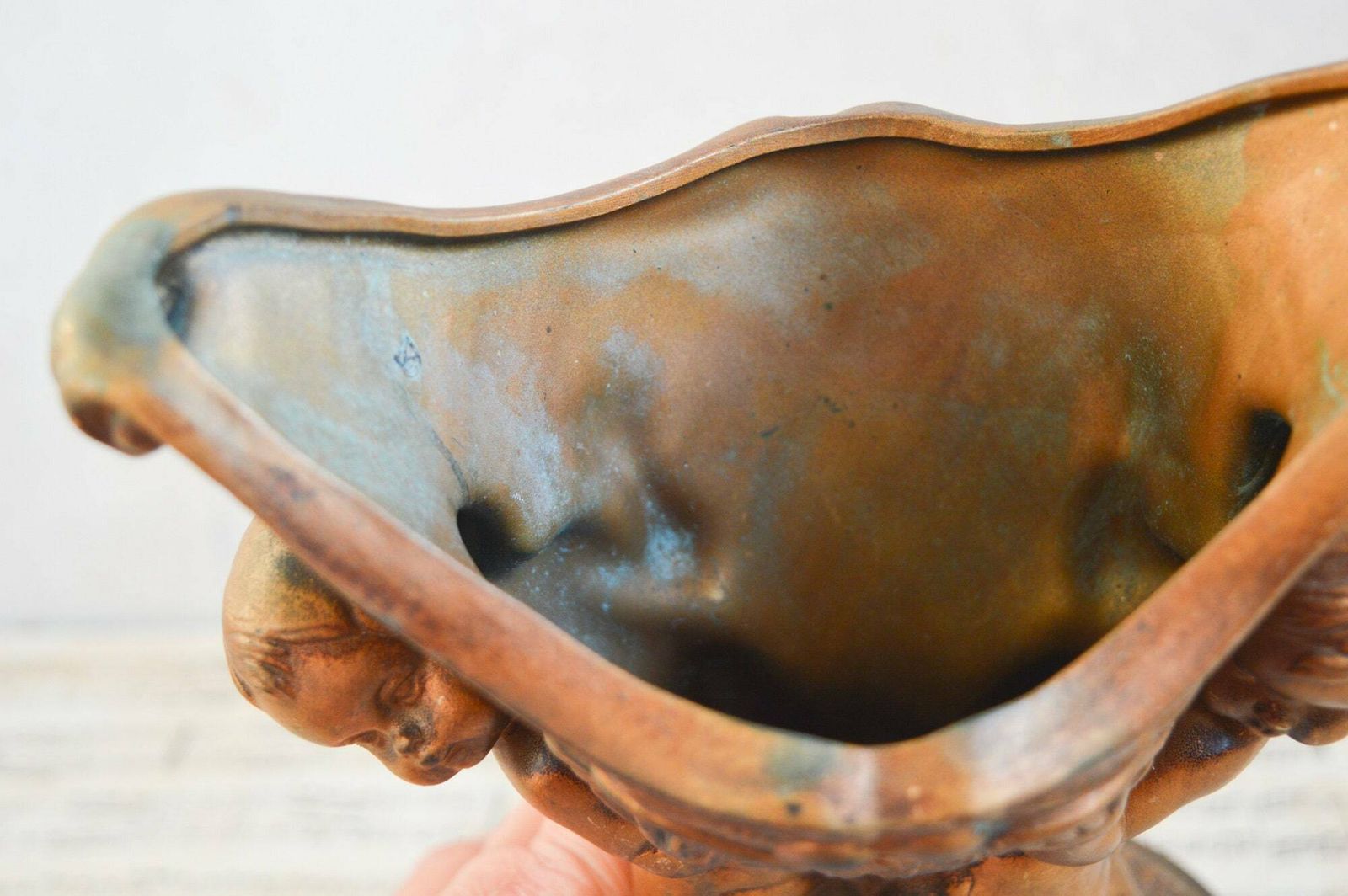 Rare Antique Cherub Gold Vase, Art Nouveau Baby Cherub Ornate Planter 22x20cm photo buy