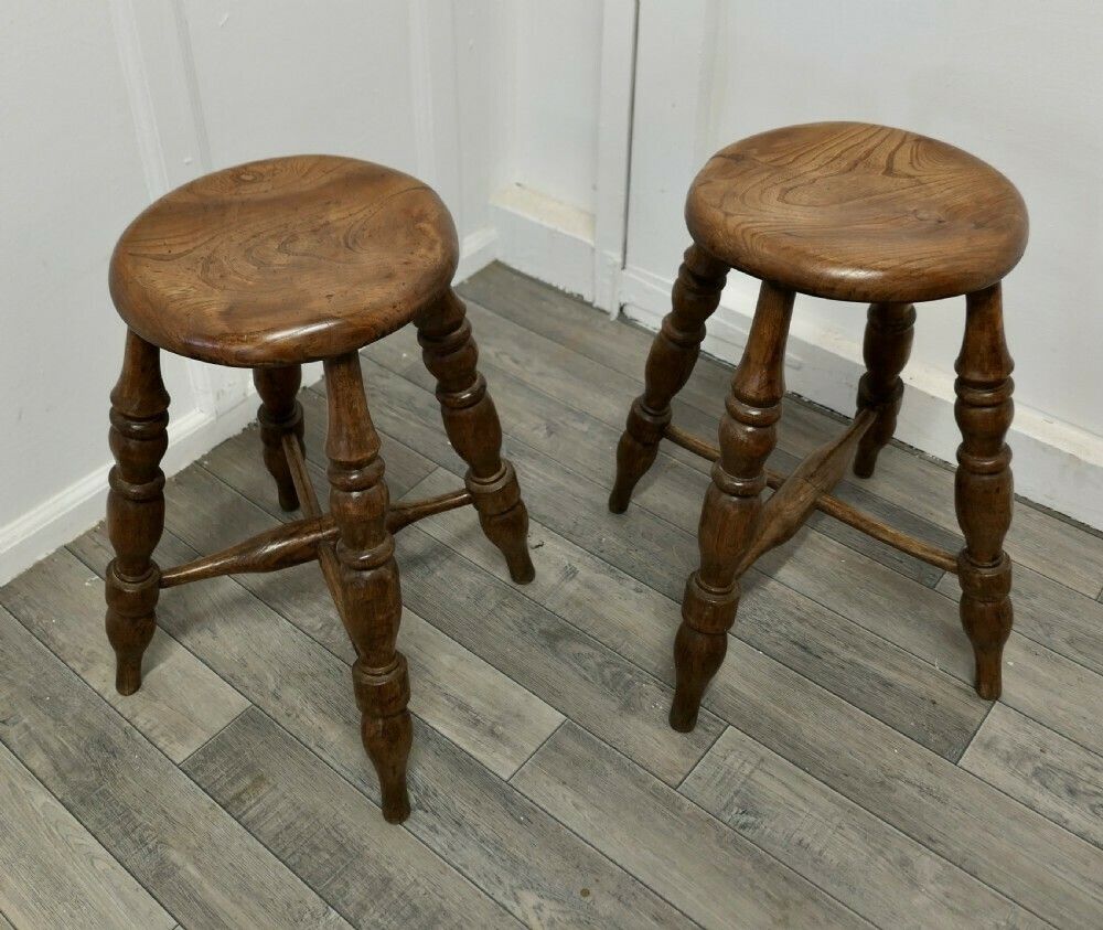 A Pair Of Chunky Victorian Elm Farmhouse Kitchen Stools