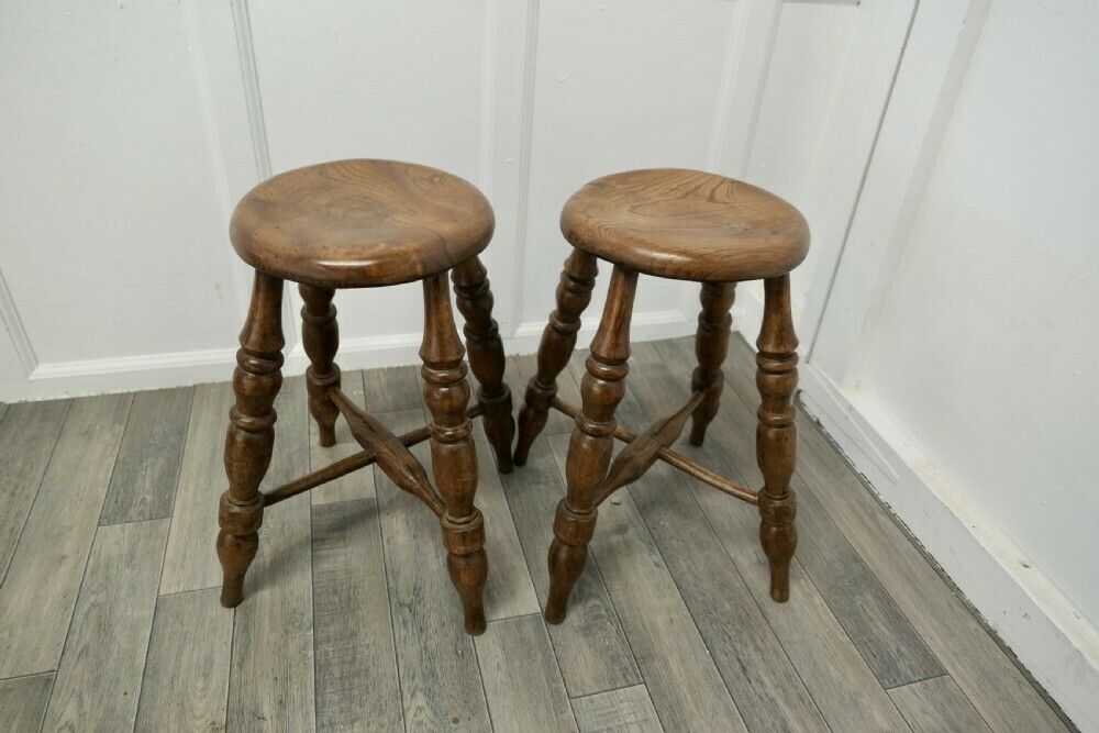A Pair Of Chunky Victorian Elm Farmhouse Kitchen Stools photo Furniture