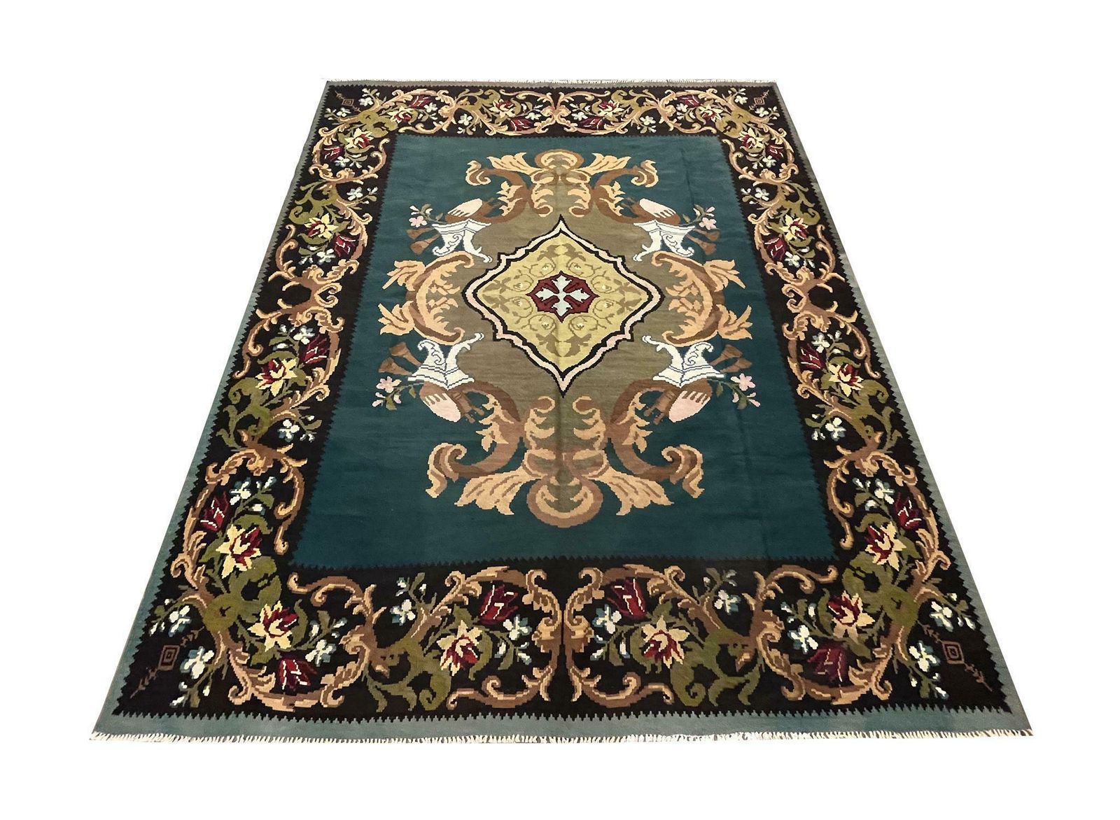 Teal Green Kilim Rug Handwoven Oriental Carpet Moldavian Area Rug photo furniture